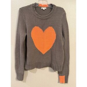 Lisa Todd Womens Grey Neon Orange Heart Intarsia Chunky Knit Sweater Size S